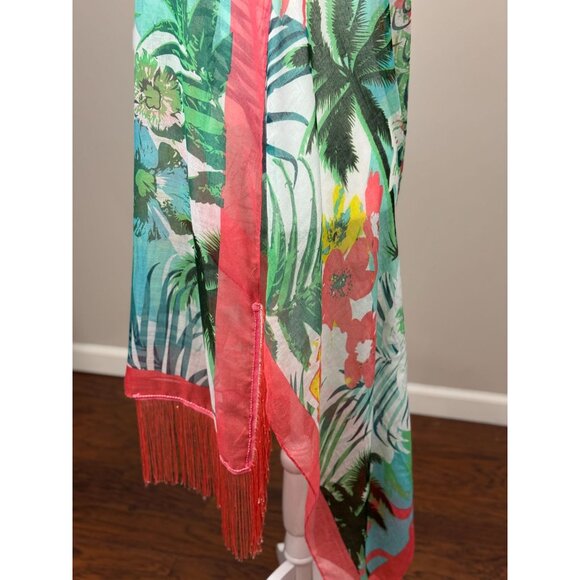 NEW Charming Charlie Floral Print Fringe Scarf Wrap Shawl Pink Green 51 x 55 - Picture 3 of 8